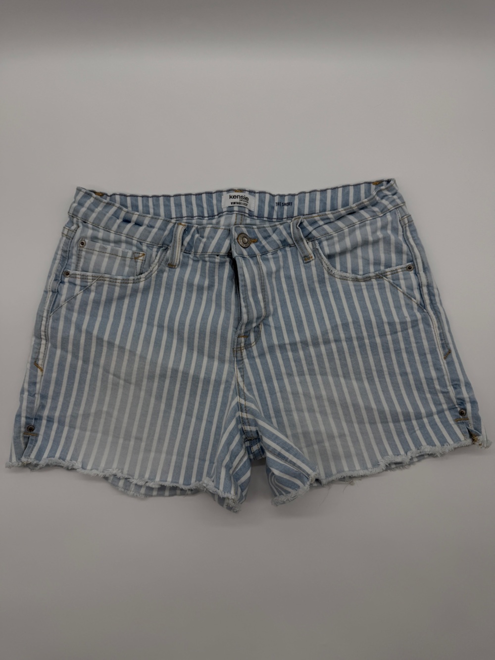 Striped Denim Jean Cutoff Shorts 10/30 Frayed Hem Blue White Festival Coastal